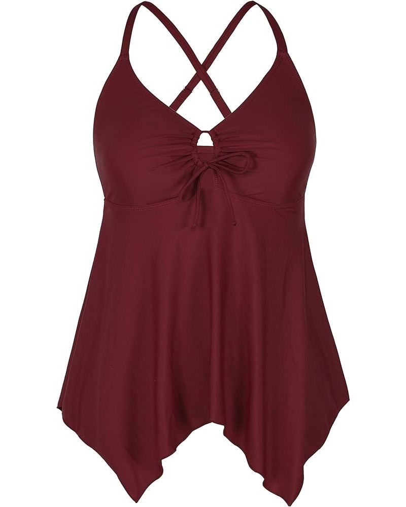 Women's Front Tie Swim Top Cross Back Tankini Top Flowy Swimdress Tummy Control Burgundy $12.71 Swimsuits