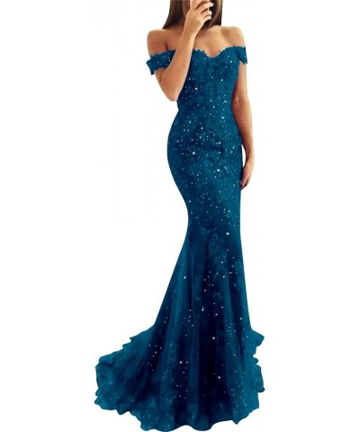 Lace Prom Dress Mermaid Off The Shoulder Formal Dress Evening Party Gowns with Train Peacock $47.24 Dresses