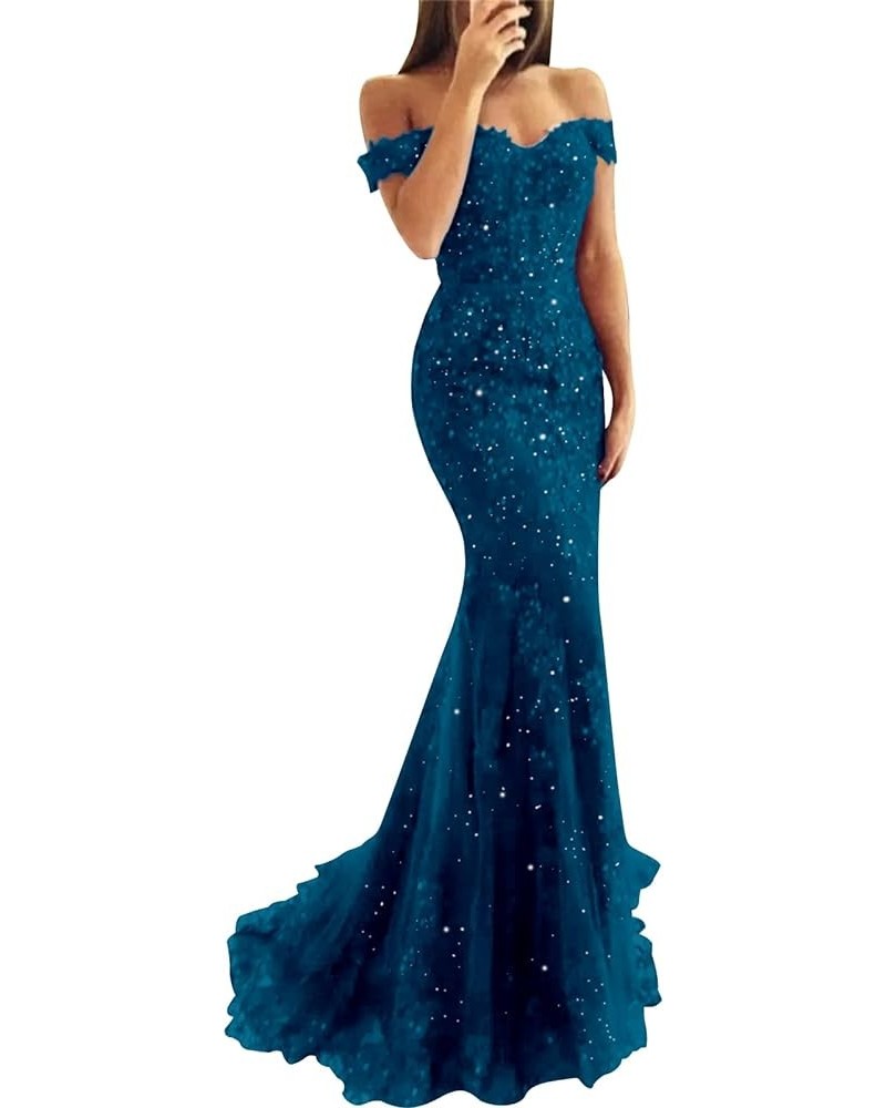 Lace Prom Dress Mermaid Off The Shoulder Formal Dress Evening Party Gowns with Train Peacock $47.24 Dresses