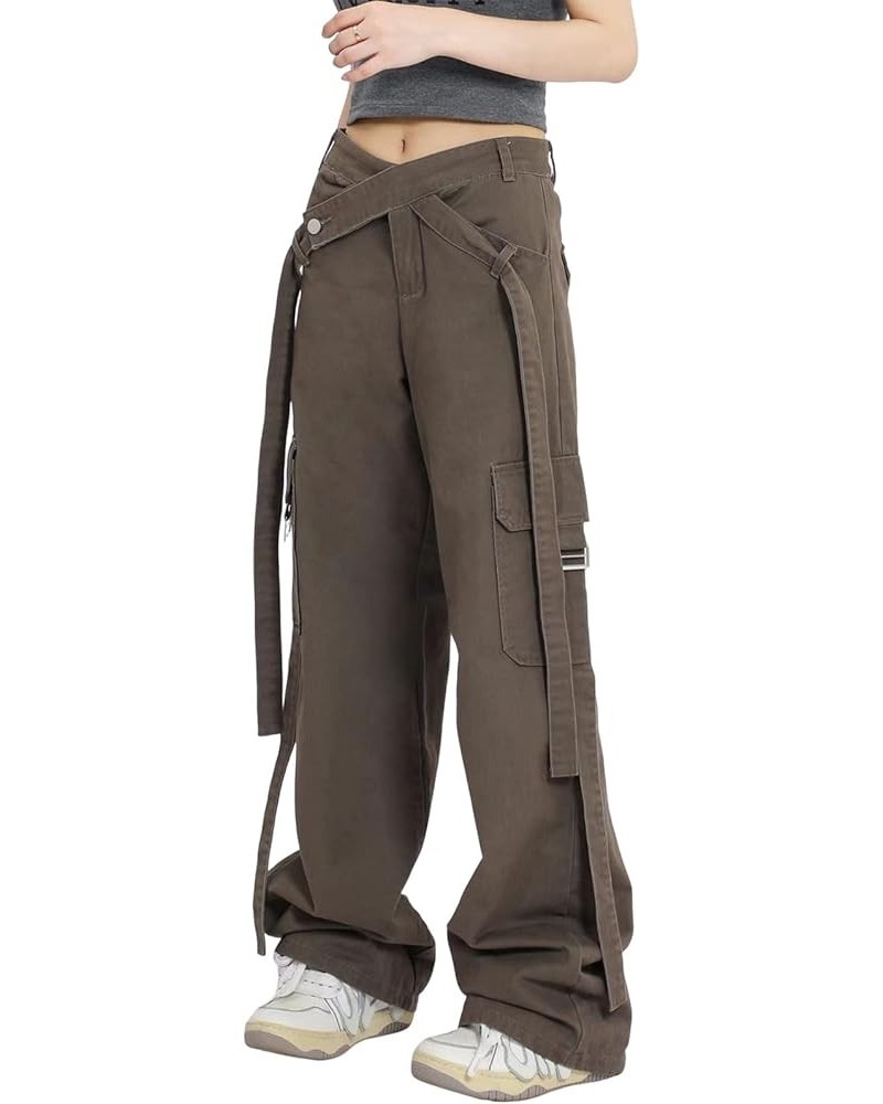 Women's Y2K High Rise Baggy Straight Leg Cargo Pants Streetwear Casual Boyfriend Trousers with Pockets L Grey Green $16.63 Pants