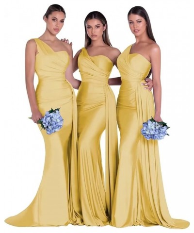 One Shoulder Mermaid Bridesmaid Dresses for Wedding Bodycon Satin Formal Prom Dresses 2023 with Slit Gold $24.50 Dresses