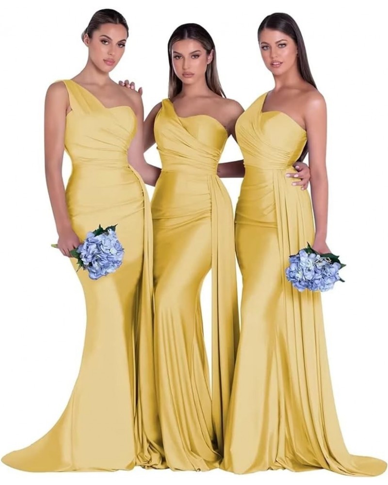 One Shoulder Mermaid Bridesmaid Dresses for Wedding Bodycon Satin Formal Prom Dresses 2023 with Slit Gold $24.50 Dresses