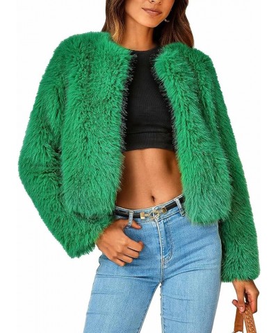 Women's Fleece Cropped Jacket Winter Open Front Coats Faux Fur Long Sleeve Fluffy Shaggy Warm Outerwear Fall Clothes Green $2...