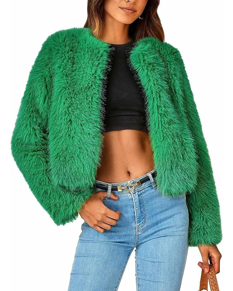 Women's Fleece Cropped Jacket Winter Open Front Coats Faux Fur Long Sleeve Fluffy Shaggy Warm Outerwear Fall Clothes Green $2...