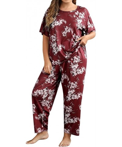 Women's Plus Size 2 Piece Sleepwear Floral Short Sleeve Top and Pants Pajama Set Burgundy $19.19 Sleep & Lounge