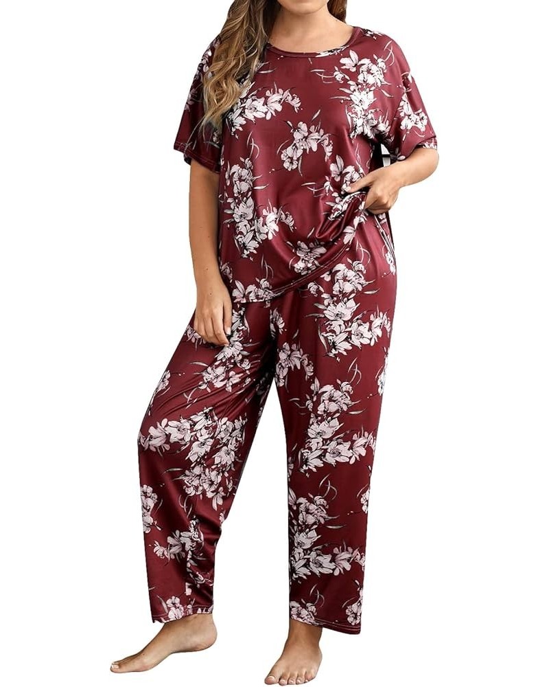 Women's Plus Size 2 Piece Sleepwear Floral Short Sleeve Top and Pants Pajama Set Burgundy $19.19 Sleep & Lounge