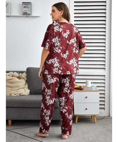 Women's Plus Size 2 Piece Sleepwear Floral Short Sleeve Top and Pants Pajama Set Burgundy $19.19 Sleep & Lounge