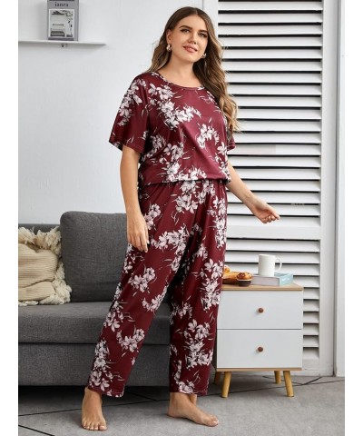 Women's Plus Size 2 Piece Sleepwear Floral Short Sleeve Top and Pants Pajama Set Burgundy $19.19 Sleep & Lounge