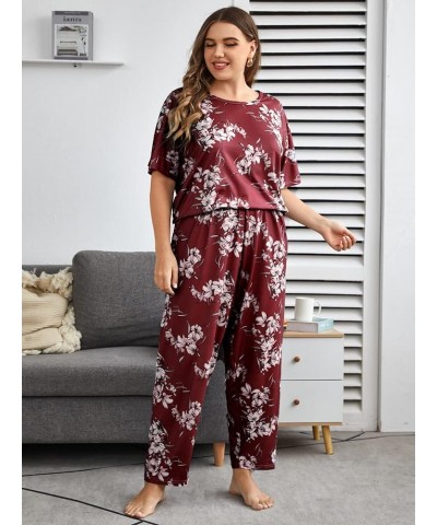 Women's Plus Size 2 Piece Sleepwear Floral Short Sleeve Top and Pants Pajama Set Burgundy $19.19 Sleep & Lounge