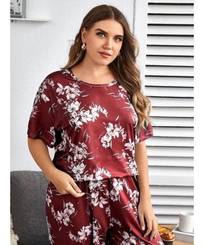 Women's Plus Size 2 Piece Sleepwear Floral Short Sleeve Top and Pants Pajama Set Burgundy $19.19 Sleep & Lounge