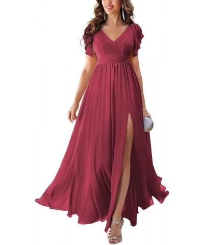 Long Bridesmaid Dresses with Slit Chiffon V Neck Ruffles Sleeves Formal Dress Evening Gown for Weddings Bride Desert Rose $36...