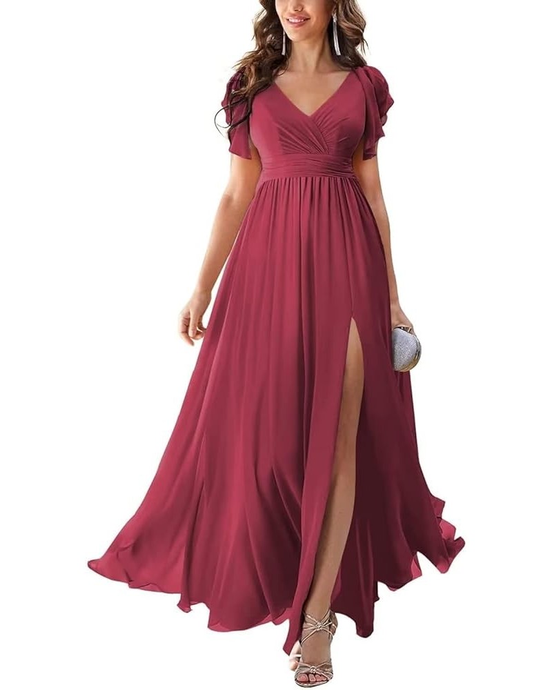 Long Bridesmaid Dresses with Slit Chiffon V Neck Ruffles Sleeves Formal Dress Evening Gown for Weddings Bride Desert Rose $36...