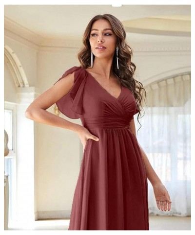 Long Bridesmaid Dresses with Slit Chiffon V Neck Ruffles Sleeves Formal Dress Evening Gown for Weddings Bride Desert Rose $36...