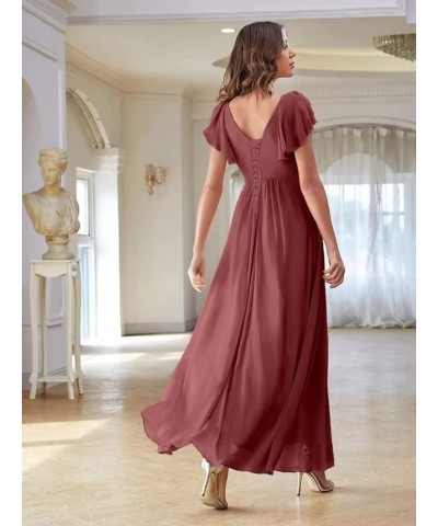 Long Bridesmaid Dresses with Slit Chiffon V Neck Ruffles Sleeves Formal Dress Evening Gown for Weddings Bride Desert Rose $36...