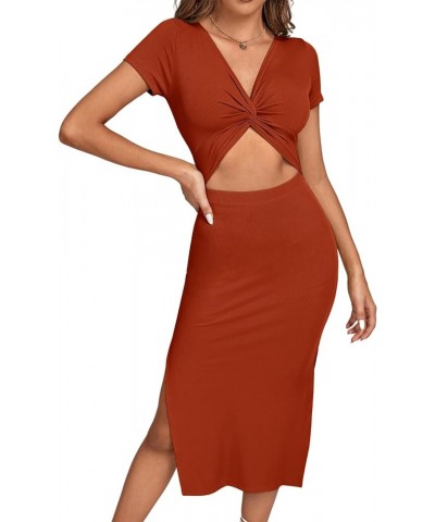 Women's Twist Front Cut Out Split Hem V Neck Short Sleeve Knit Bodycon Midi Dress Caramel $16.00 Dresses