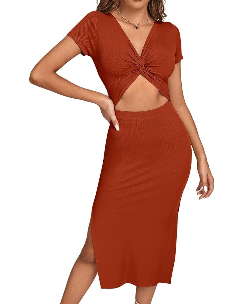 Women's Twist Front Cut Out Split Hem V Neck Short Sleeve Knit Bodycon Midi Dress Caramel $16.00 Dresses