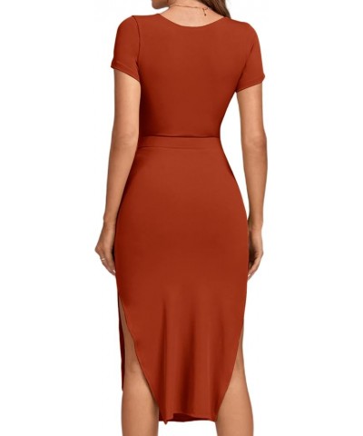 Women's Twist Front Cut Out Split Hem V Neck Short Sleeve Knit Bodycon Midi Dress Caramel $16.00 Dresses