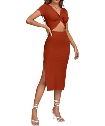 Women's Twist Front Cut Out Split Hem V Neck Short Sleeve Knit Bodycon Midi Dress Caramel $16.00 Dresses