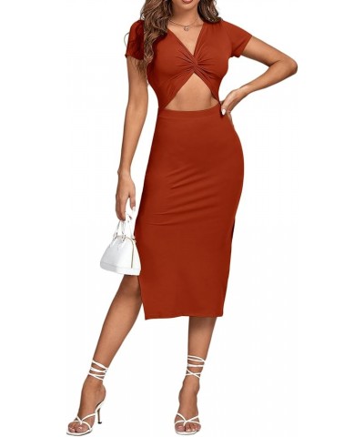 Women's Twist Front Cut Out Split Hem V Neck Short Sleeve Knit Bodycon Midi Dress Caramel $16.00 Dresses