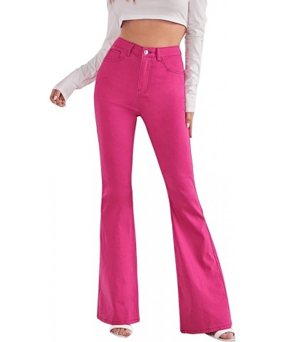 Women's Casual Denim Pants Heart Print High Waist Stretchy Bell Bottom Flared Jeans Hot Pink $26.45 Jeans