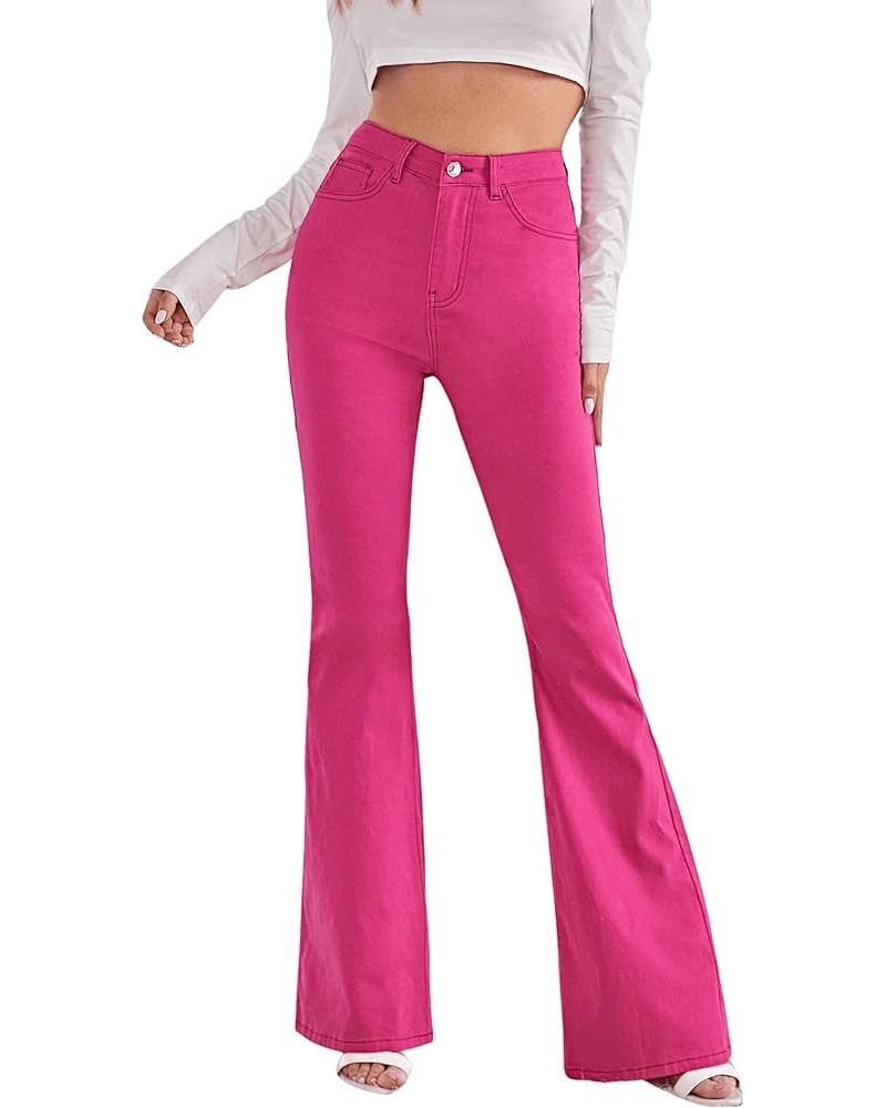 Women's Casual Denim Pants Heart Print High Waist Stretchy Bell Bottom Flared Jeans Hot Pink $26.45 Jeans