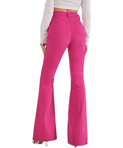 Women's Casual Denim Pants Heart Print High Waist Stretchy Bell Bottom Flared Jeans Hot Pink $26.45 Jeans