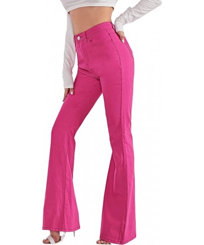 Women's Casual Denim Pants Heart Print High Waist Stretchy Bell Bottom Flared Jeans Hot Pink $26.45 Jeans