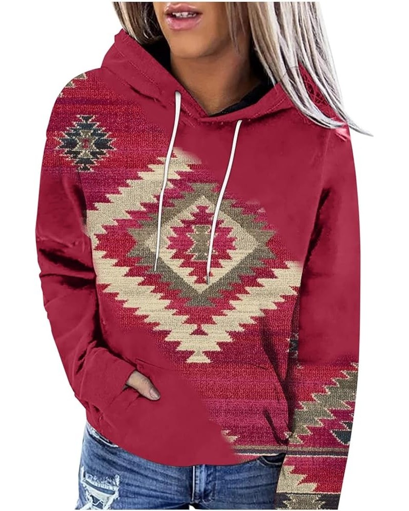 Womens Hoodies Western Ethnic Style Printing Sweatshirts Long Sleeves Lightweight Pullover Casual Tops with Pocket A08-red $8...