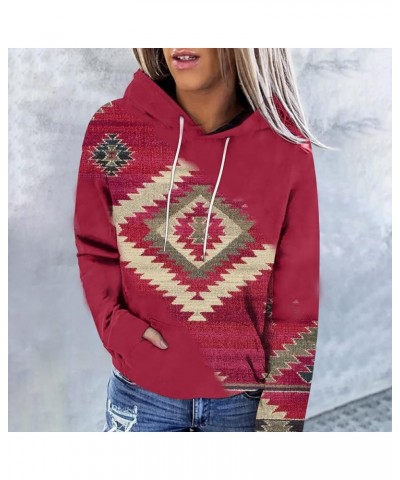 Womens Hoodies Western Ethnic Style Printing Sweatshirts Long Sleeves Lightweight Pullover Casual Tops with Pocket A08-red $8...