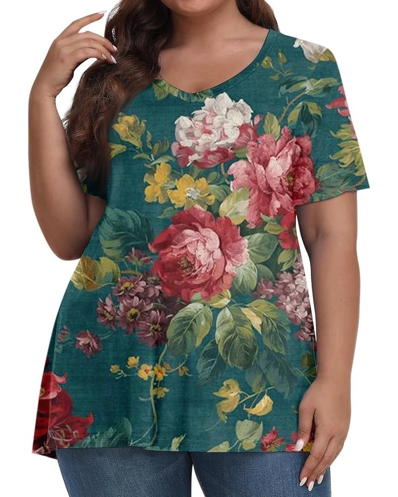 Plus Size Tops for Women Dressy Short Sleeve V Neck Shirts for Women Summer Tops for Women 2024 Floral Print Top Cute Tunic 0...