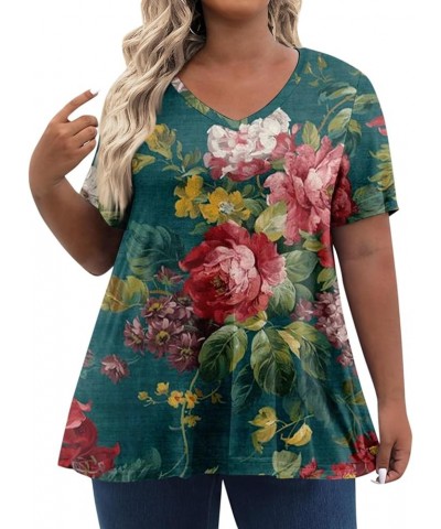 Plus Size Tops for Women Dressy Short Sleeve V Neck Shirts for Women Summer Tops for Women 2024 Floral Print Top Cute Tunic 0...