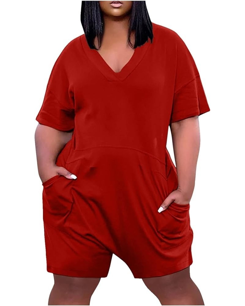 Women's Overalls Size Casual V Neck Pockets Short Sleeve Jumpsuits Wide Shorts Rompers (S-5Xl) Jumpsuits 2023 3-red $14.96 Ov...