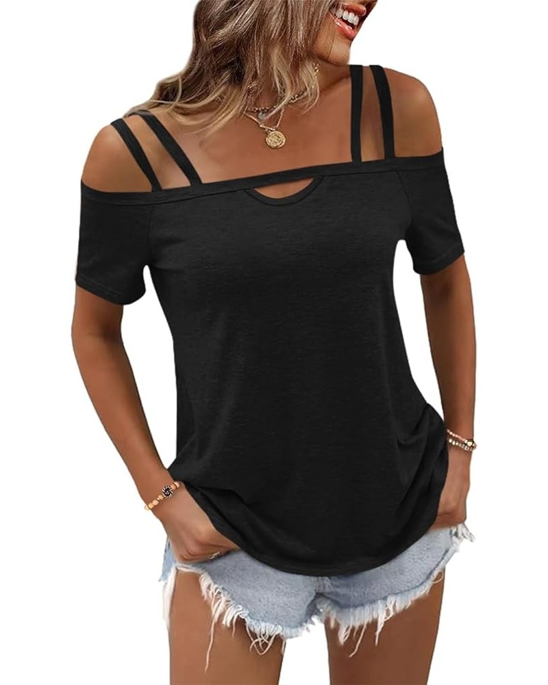 Womens Short Sleeve Cold Shoulder Tops Sexy Summer Cut Out Shirts Trendy Blouse for Women 1-black $11.05 Blouses