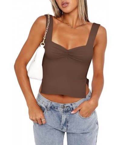 Women's Sexy Square Neck Ruched Double Lined Split Y2K Tank Crop Tops Coffee $11.00 Tanks