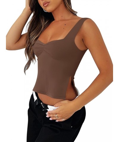 Women's Sexy Square Neck Ruched Double Lined Split Y2K Tank Crop Tops Coffee $11.00 Tanks