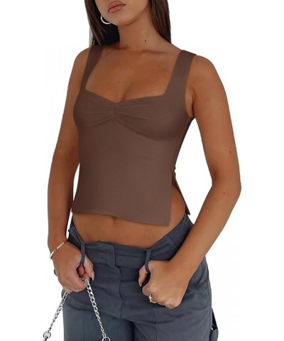 Women's Sexy Square Neck Ruched Double Lined Split Y2K Tank Crop Tops Coffee $11.00 Tanks