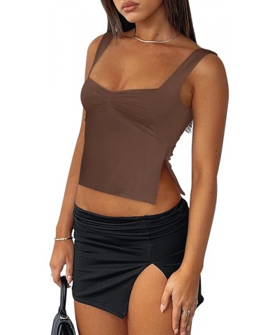 Women's Sexy Square Neck Ruched Double Lined Split Y2K Tank Crop Tops Coffee $11.00 Tanks