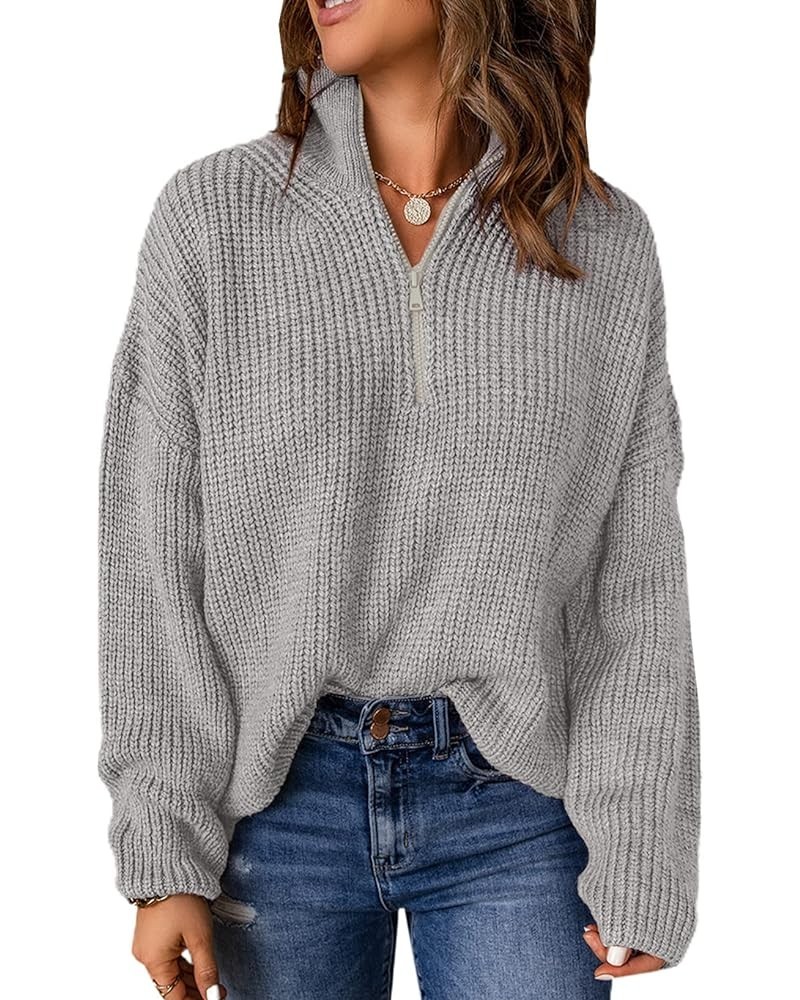 Sweaters for Women Waffle Kint Long Sleeve Quarter Zip Pullover Polo V Neck Sweater for Women Gray $26.39 Sweaters