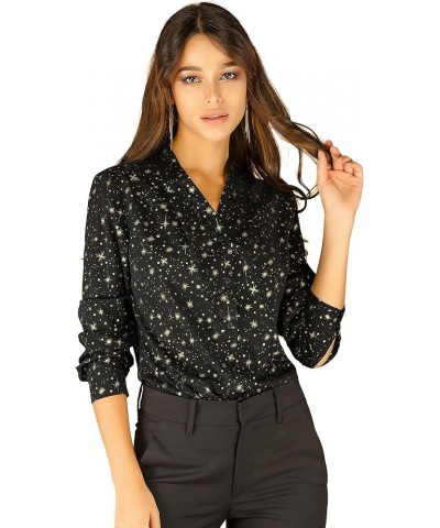 Women's Metallic Patterned Blouse V Neck Long Sleeve Gilding Shiny Sparkly Dots Top Black $19.71 Blouses