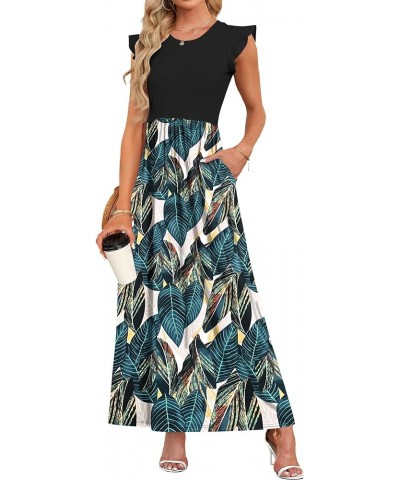 Women's Ruffle Sleeve Maxi Dresses Casual Crewneck Long Dress with Pockets Black Leaf Print $18.54 Dresses