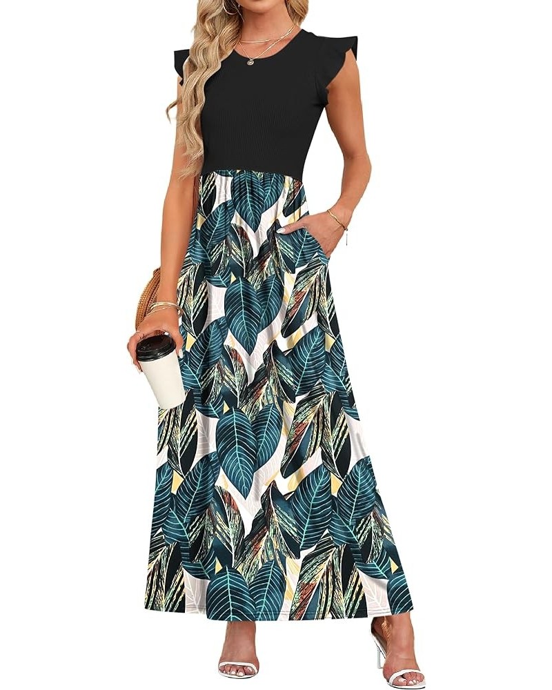 Women's Ruffle Sleeve Maxi Dresses Casual Crewneck Long Dress with Pockets Black Leaf Print $18.54 Dresses