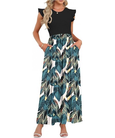 Women's Ruffle Sleeve Maxi Dresses Casual Crewneck Long Dress with Pockets Black Leaf Print $18.54 Dresses