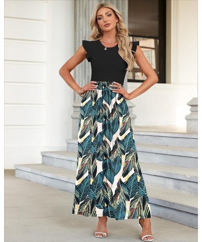 Women's Ruffle Sleeve Maxi Dresses Casual Crewneck Long Dress with Pockets Black Leaf Print $18.54 Dresses