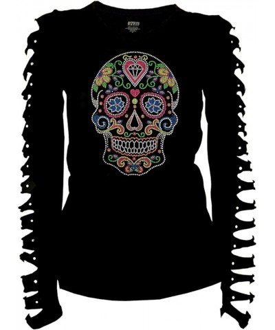 Bling Sugar Skull Rhinestone T-Shirt,Heart Neon Stud Ripped Cut Out Long Black $14.07 T-Shirts