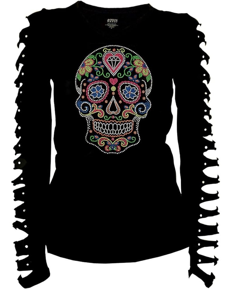 Bling Sugar Skull Rhinestone T-Shirt,Heart Neon Stud Ripped Cut Out Long Black $14.07 T-Shirts