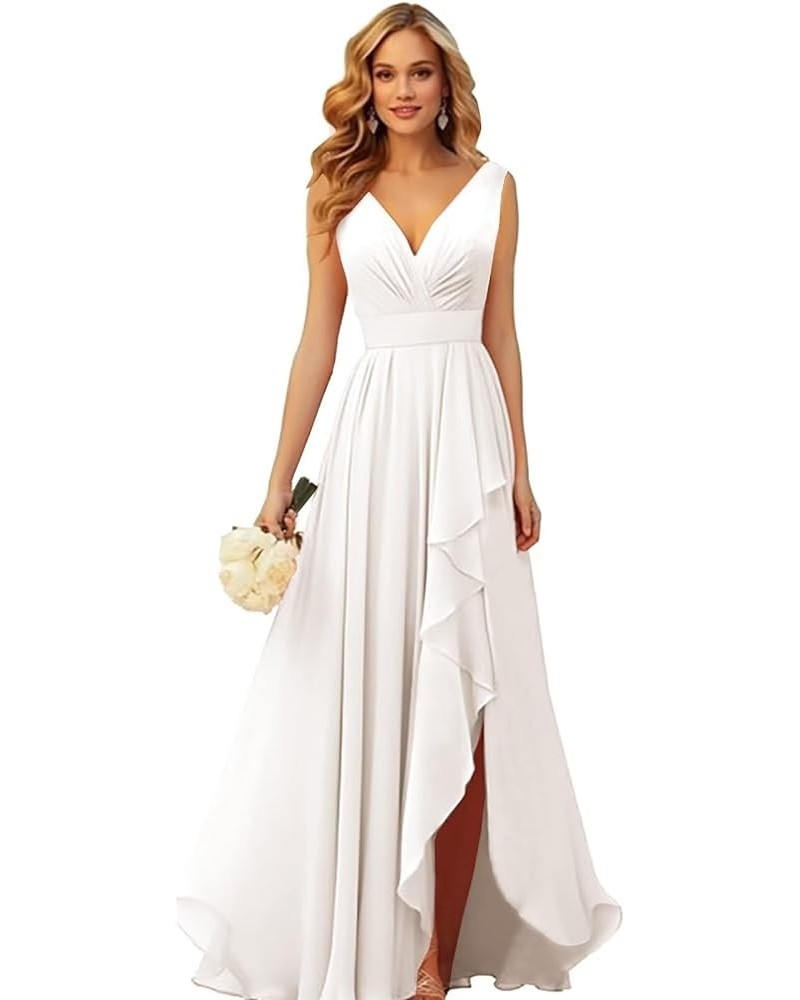 Ruffle Bridesmaid Dresses for Women Wedding Long V Neck Chiffon Formal Dress with Slit Ivory $20.64 Dresses