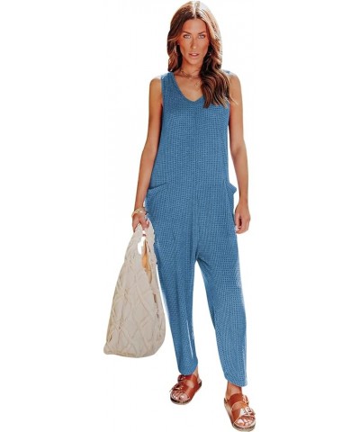 Women's Fashion Overalls Casual Sleeveless Jumpsuits Scoop Neck & Long Pants Baggy Rompers with Pockets Blue $21.59 Overalls