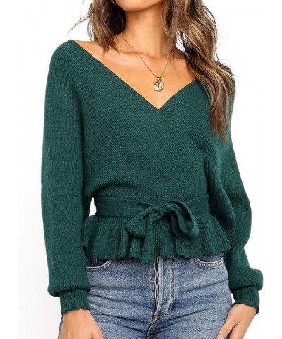 Women's 2024 Fall Wrap V Neck Long Batwing Sleeve Belted Waist Ruffle Knitted Sweater Pullover Top Green $21.93 Sweaters