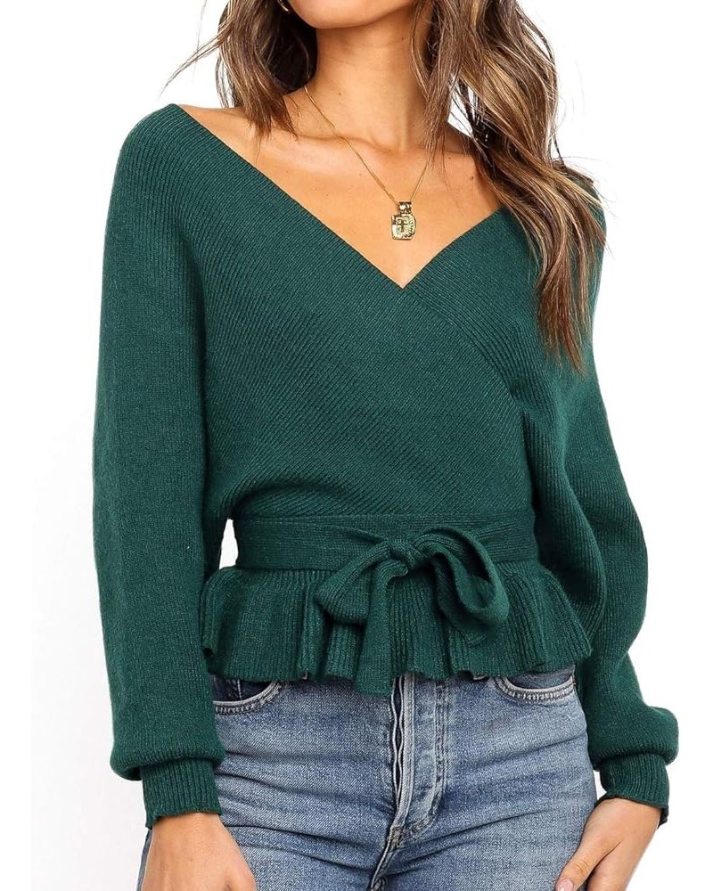 Women's 2024 Fall Wrap V Neck Long Batwing Sleeve Belted Waist Ruffle Knitted Sweater Pullover Top Green $21.93 Sweaters