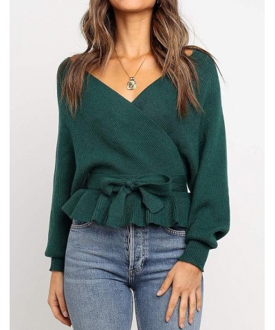 Women's 2024 Fall Wrap V Neck Long Batwing Sleeve Belted Waist Ruffle Knitted Sweater Pullover Top Green $21.93 Sweaters